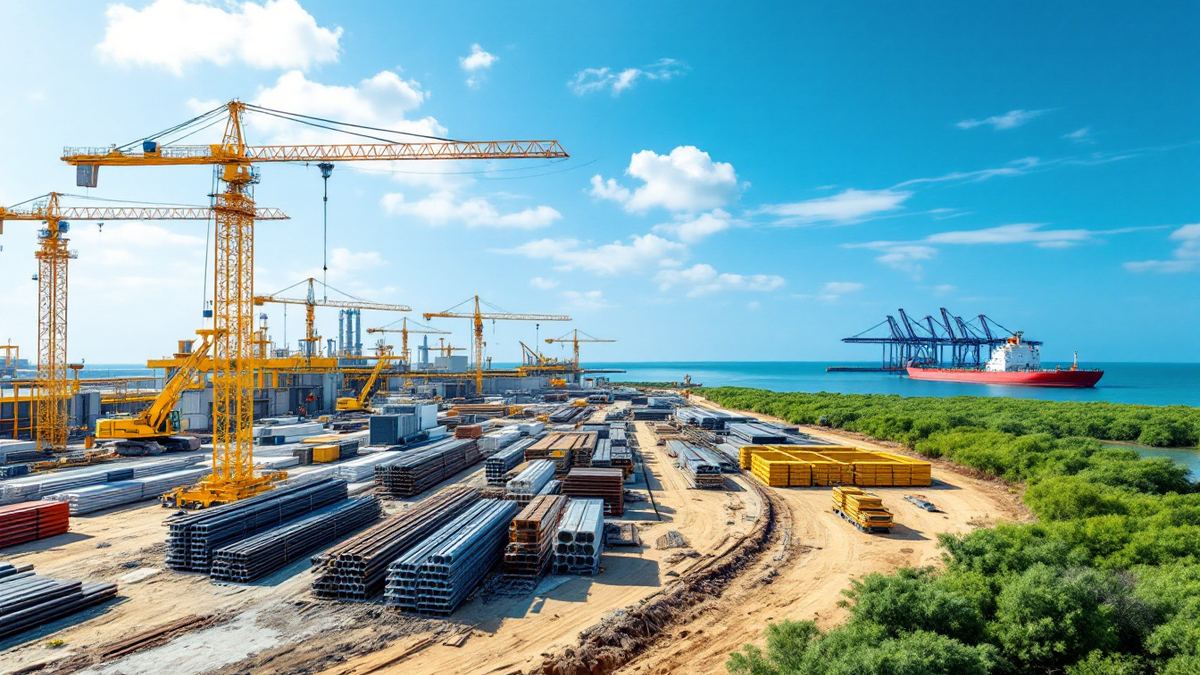 Cranes and steel pipe racks at a coastal refinery construction site with a port behind