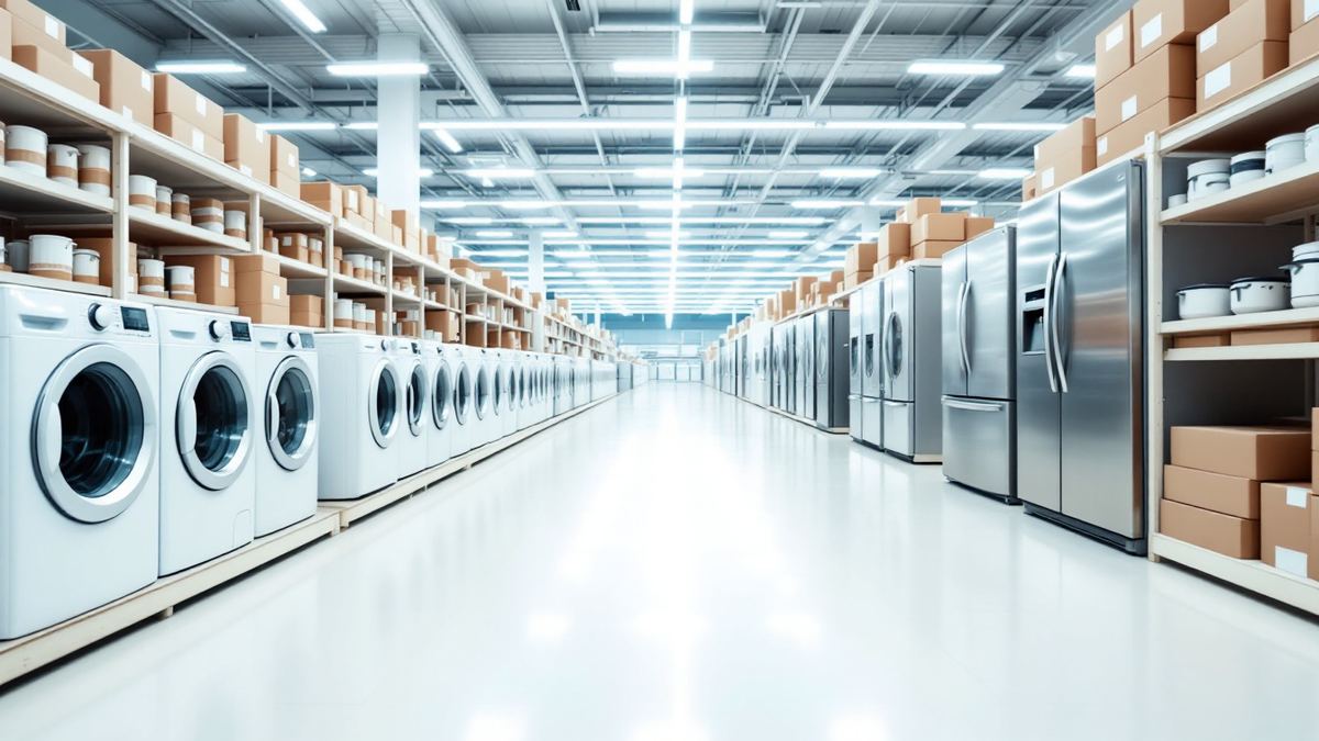 An aisle of washing machines and refrigerators in a large electronics store