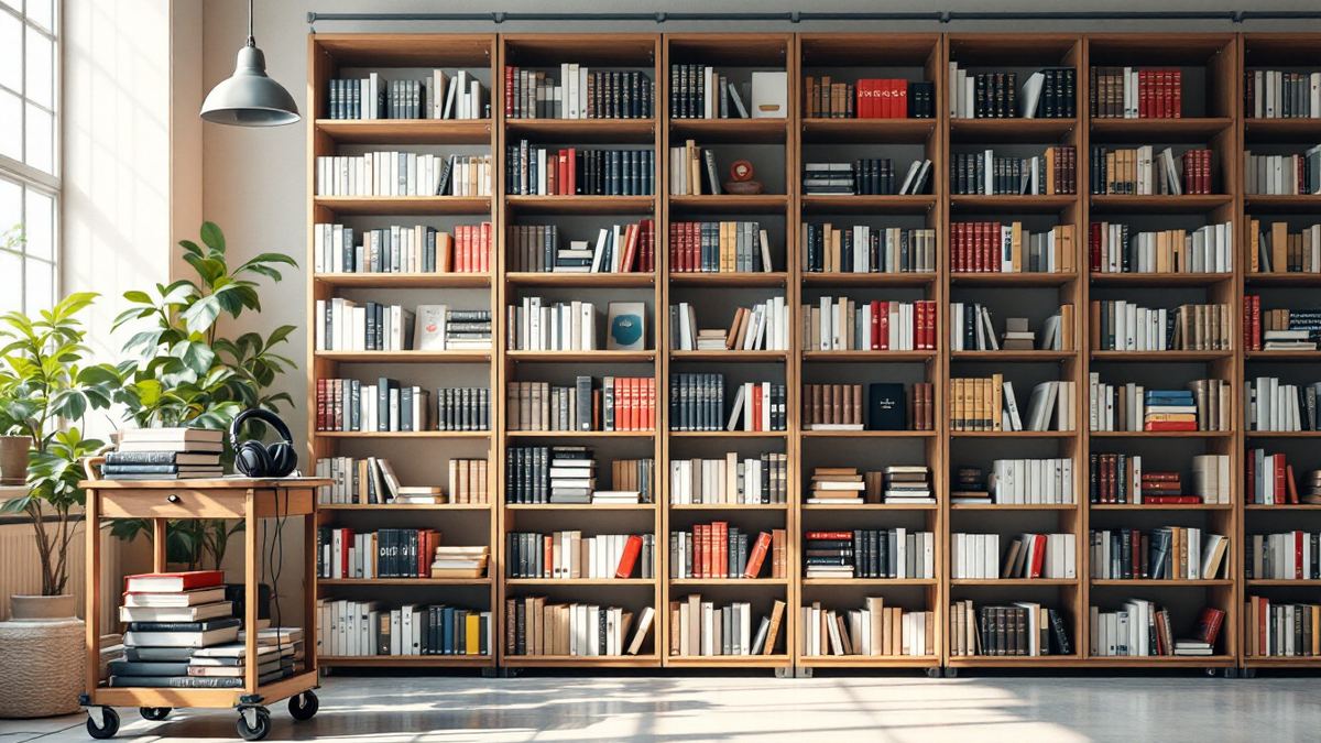 Shelves of foreign-language dictionaries in a reference library with headphones on a cart