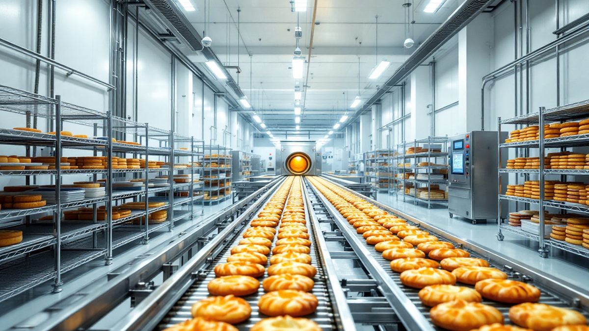 Rows of baked pastries on a conveyor leaving a tunnel oven in a bakery production hall