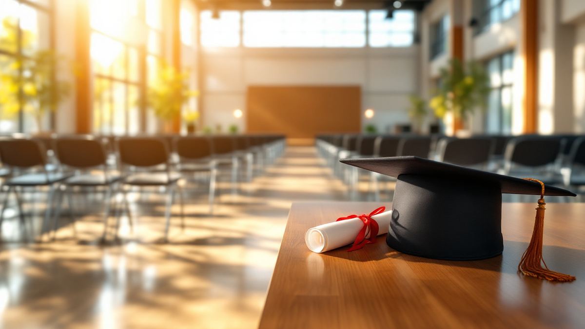 A mortarboard and rolled diploma on a table in an empty graduation hall