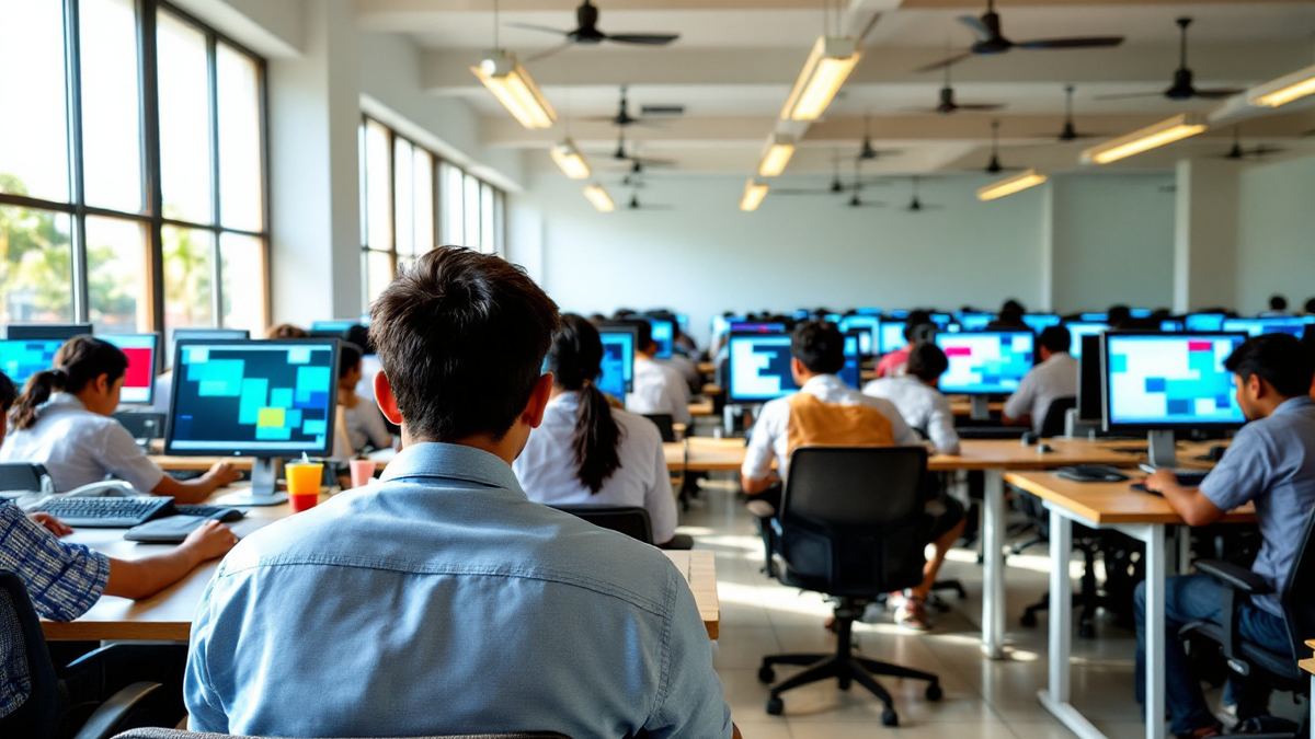 Engineering students working at computers in a campus lab, seen from behind
