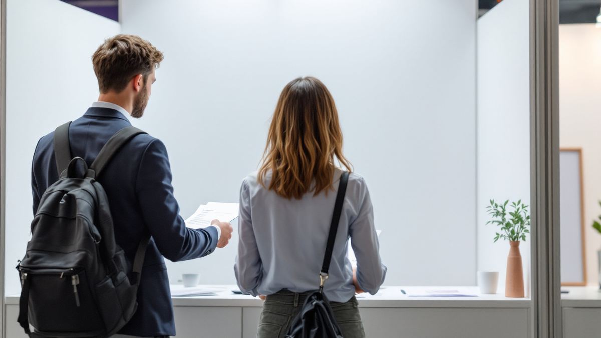 Two job seekers seen from behind at a recruiter's stand at a career fair, one holding a CV