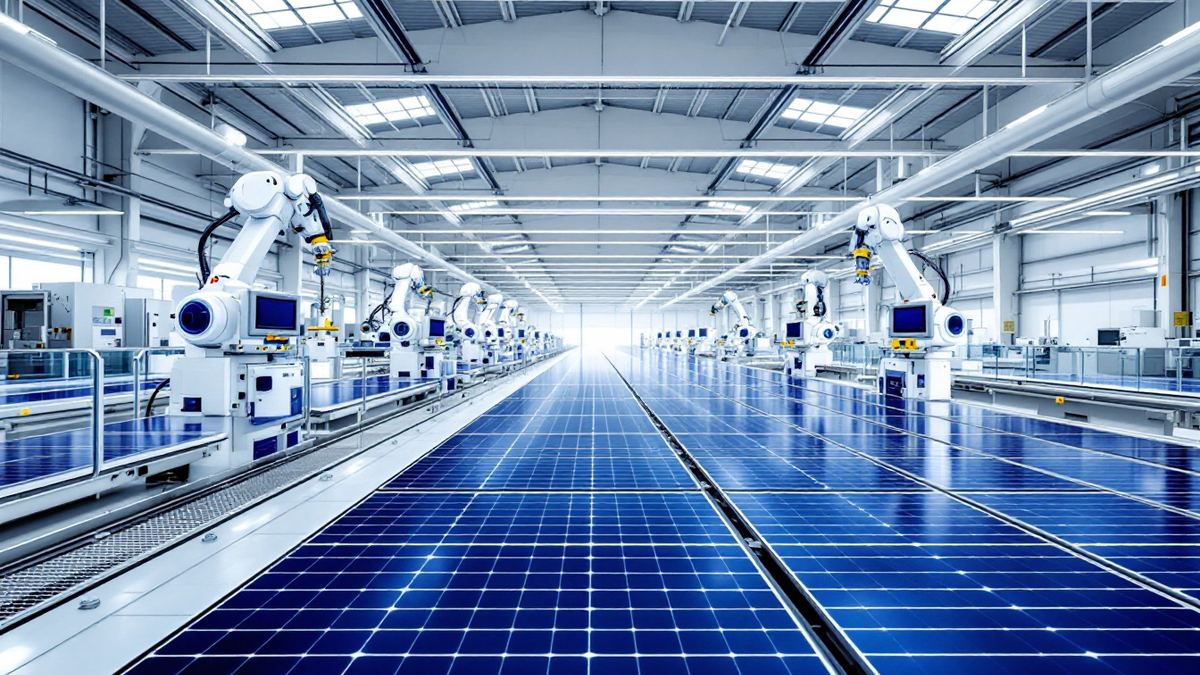 Robotic arms and conveyor lines carrying blue solar panels in an automated module factory
