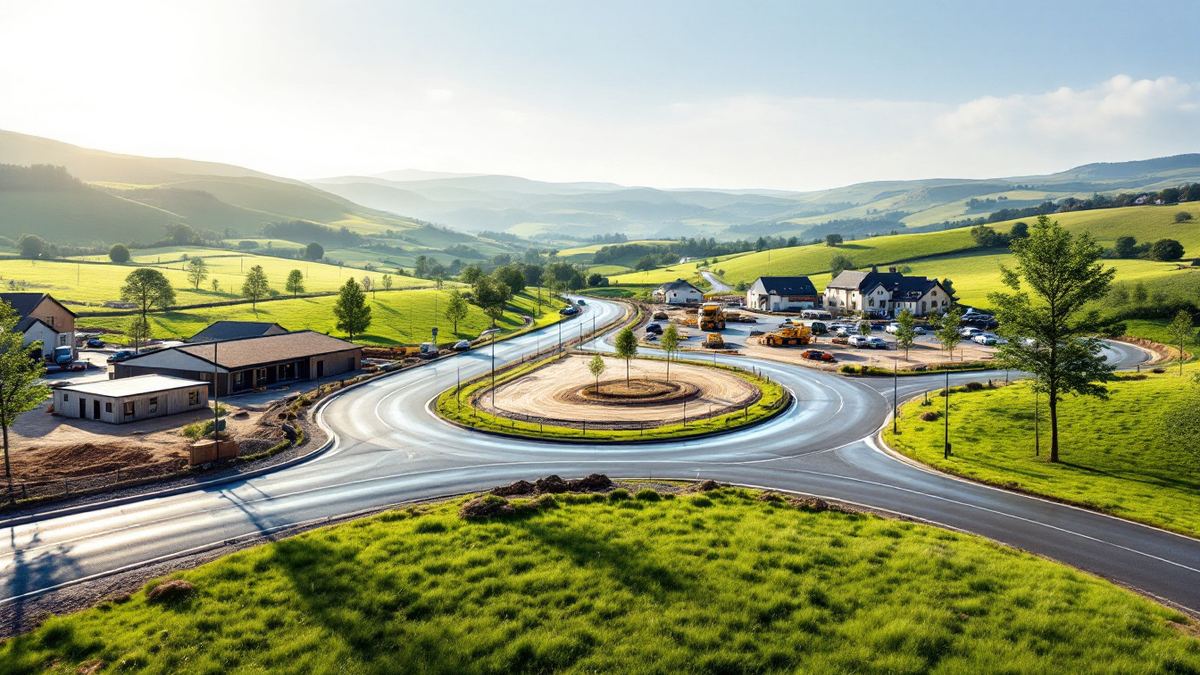 New roads and a roundabout under construction for a holiday village in green rolling hills