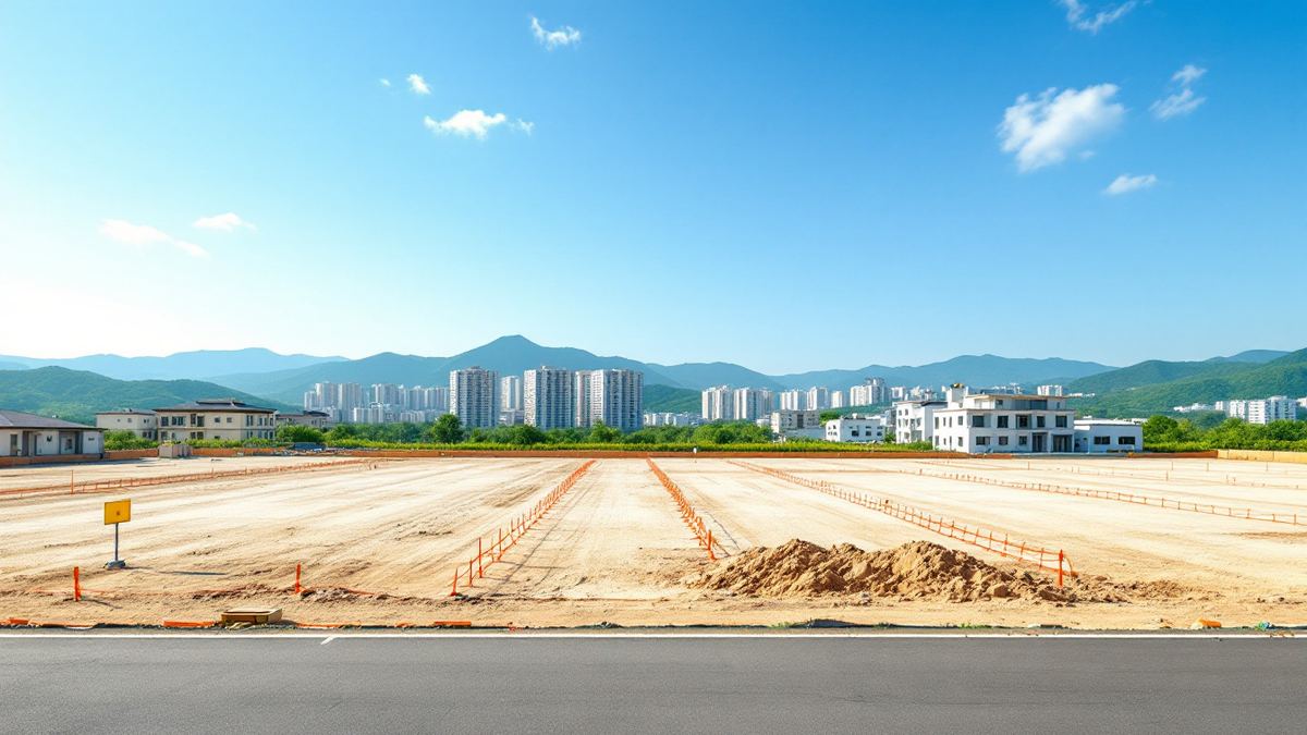 A cleared and staked housing development site with apartment towers and green hills behind