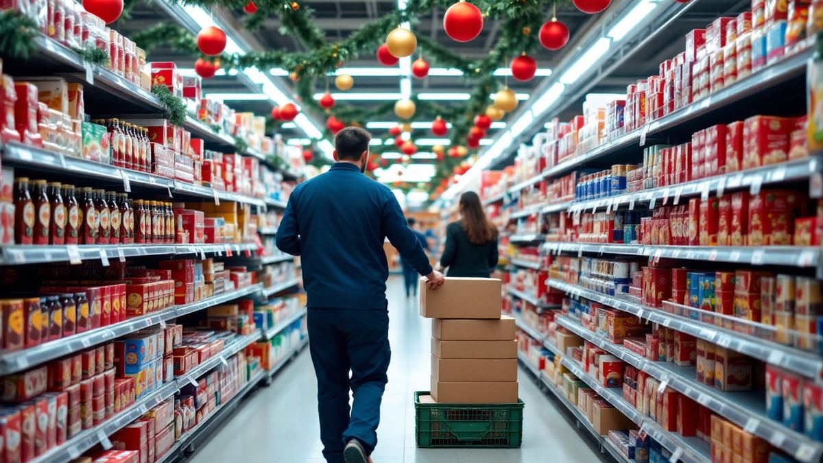 A store worker seen from behind stocking festive food on supermarket shelves decorated for Christmas