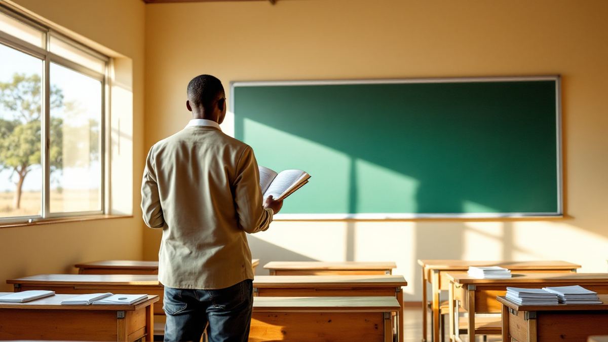 A teacher seen from behind holding a textbook in a sunny classroom with empty wooden desks