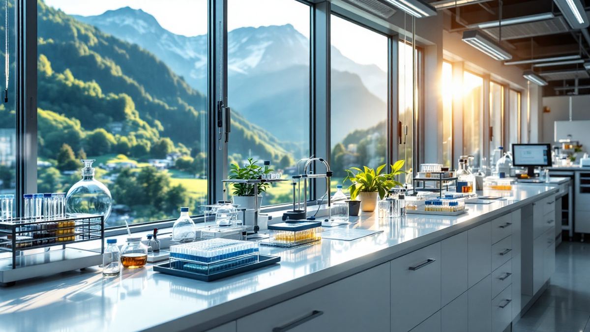 A bright laboratory bench beside tall windows looking out on green Swiss mountains
