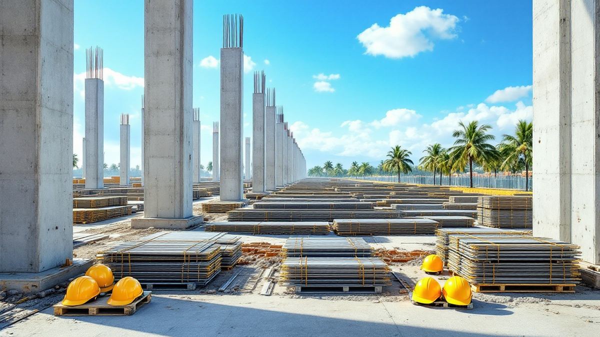 A large construction site in Malaysia with concrete columns, steel stacks and yellow hard hats