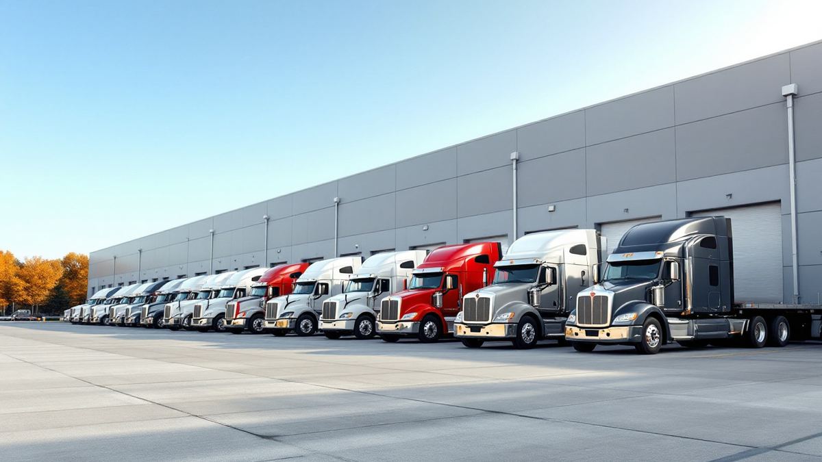 A row of new semi truck tractors parked outside a long truck assembly plant in autumn