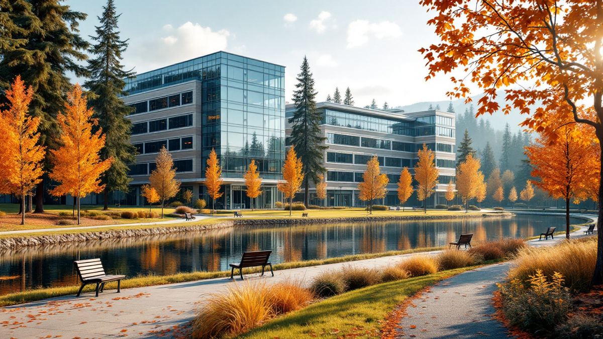 Glass corporate office buildings beside a pond and autumn trees on a campus