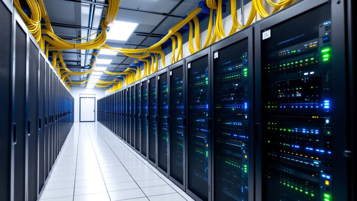 A server room corridor with rows of racks, blinking status lights and cables in overhead trays