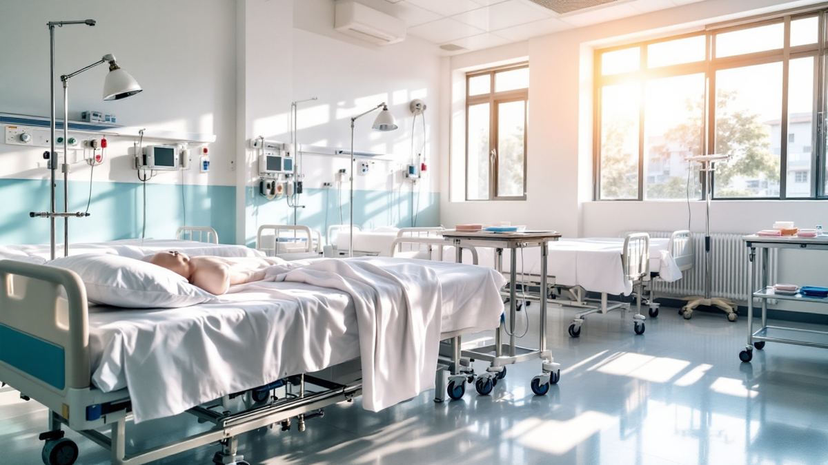 An empty nursing skills laboratory with training beds, a manikin and medical trolleys in morning sunlight