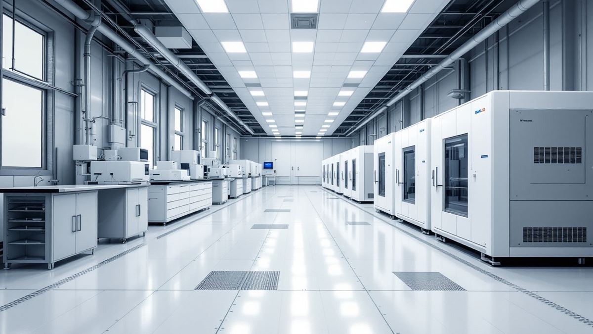 A bright semiconductor cleanroom with a row of white wafer processing tools and polished floor