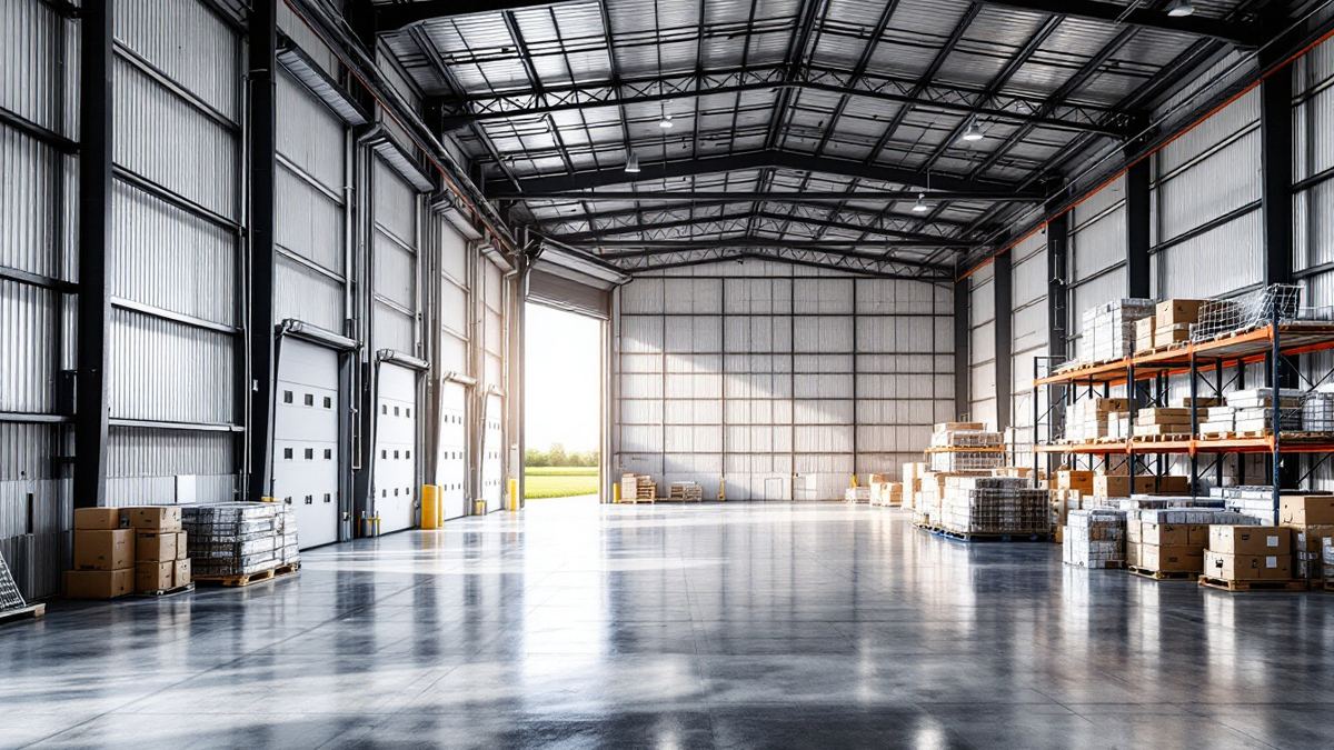 A large new warehouse interior with steel racking, pallets of boxes and open loading bays facing green fields