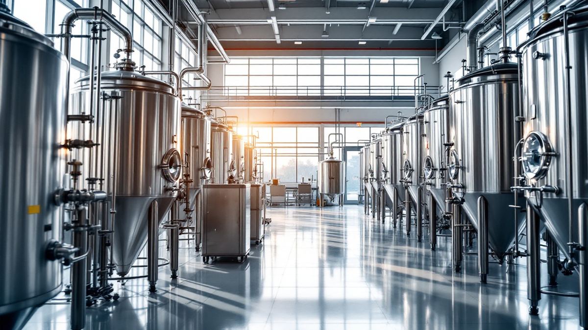 Rows of polished stainless steel fermentation tanks in a bright biotech production hall