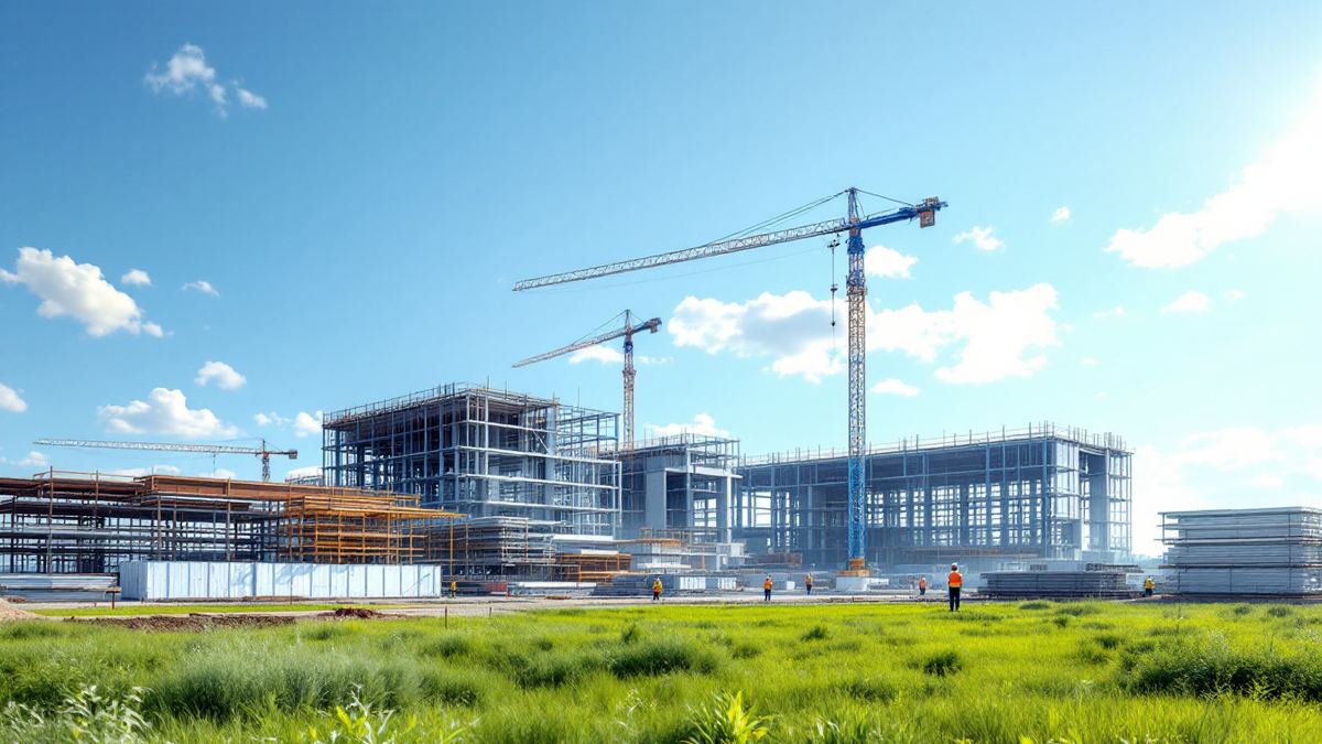 A pharmaceutical campus under construction with cranes and steel frames on green farmland, workers far away