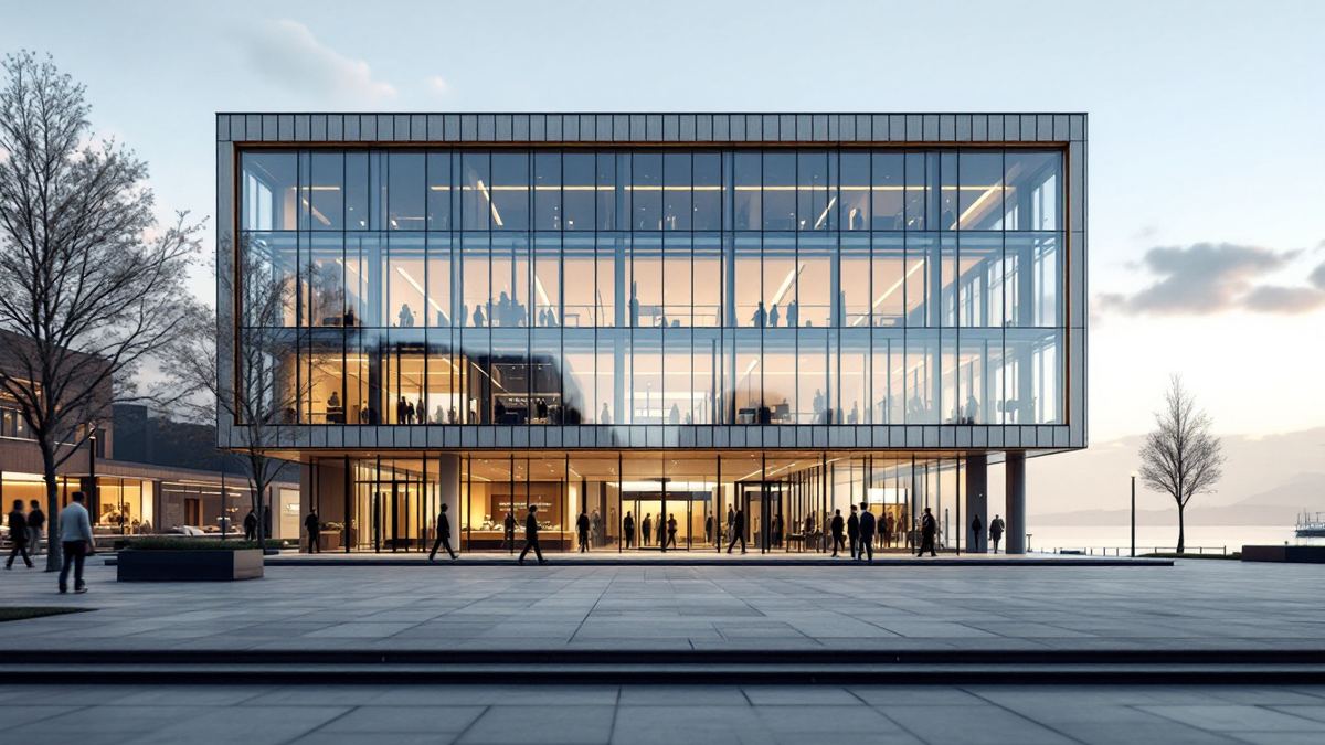 A modern glass bank headquarters on a waterfront plaza at dawn with office workers walking far away