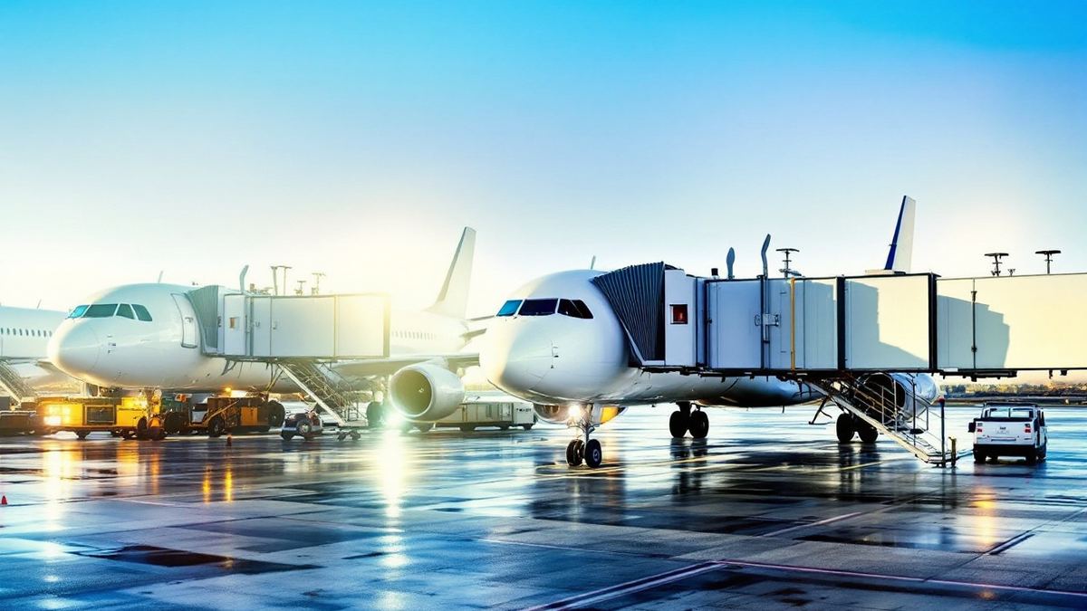 Plain white passenger jets parked at jet bridges on a wet airport apron in bright light