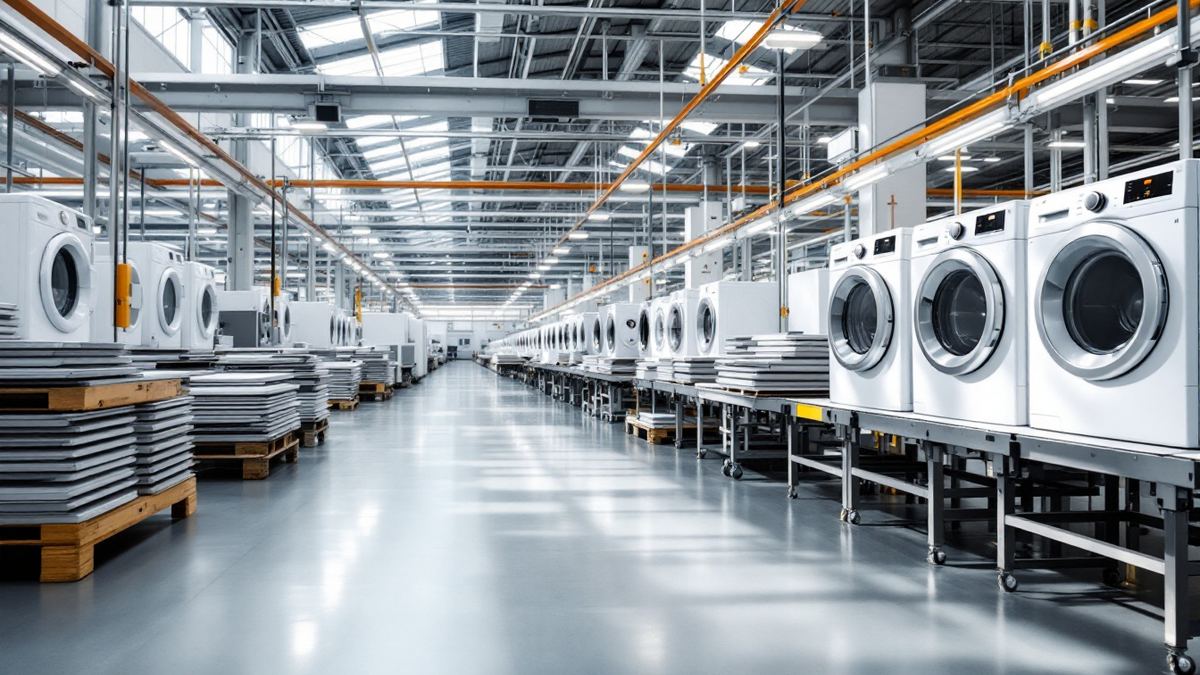 A washing machine assembly line under skylights in a bright appliance factory