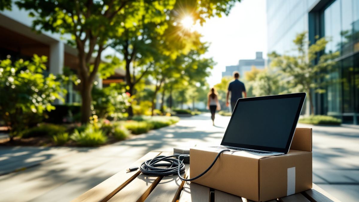 A cardboard box with a laptop and cable on a bench in a sunny tech campus courtyard, people walking away