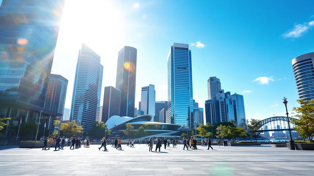 Sydney office towers over a sunlit plaza with commuters walking far away