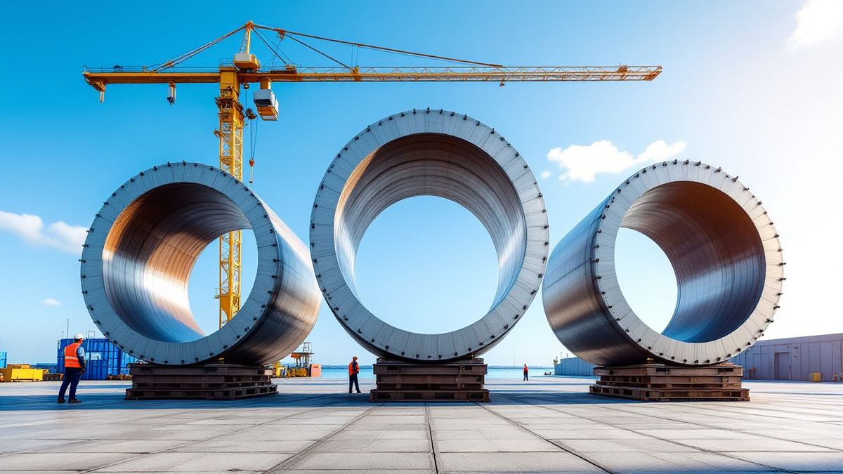 Large ring-shaped steel hull sections on blocks at a sunny shipyard with a crane and welders far away