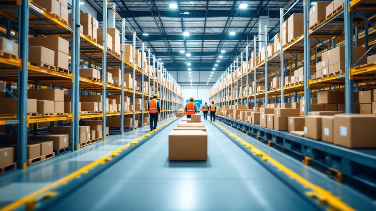A bright fulfillment center aisle with tall racks of parcels, a conveyor and workers in safety vests far away