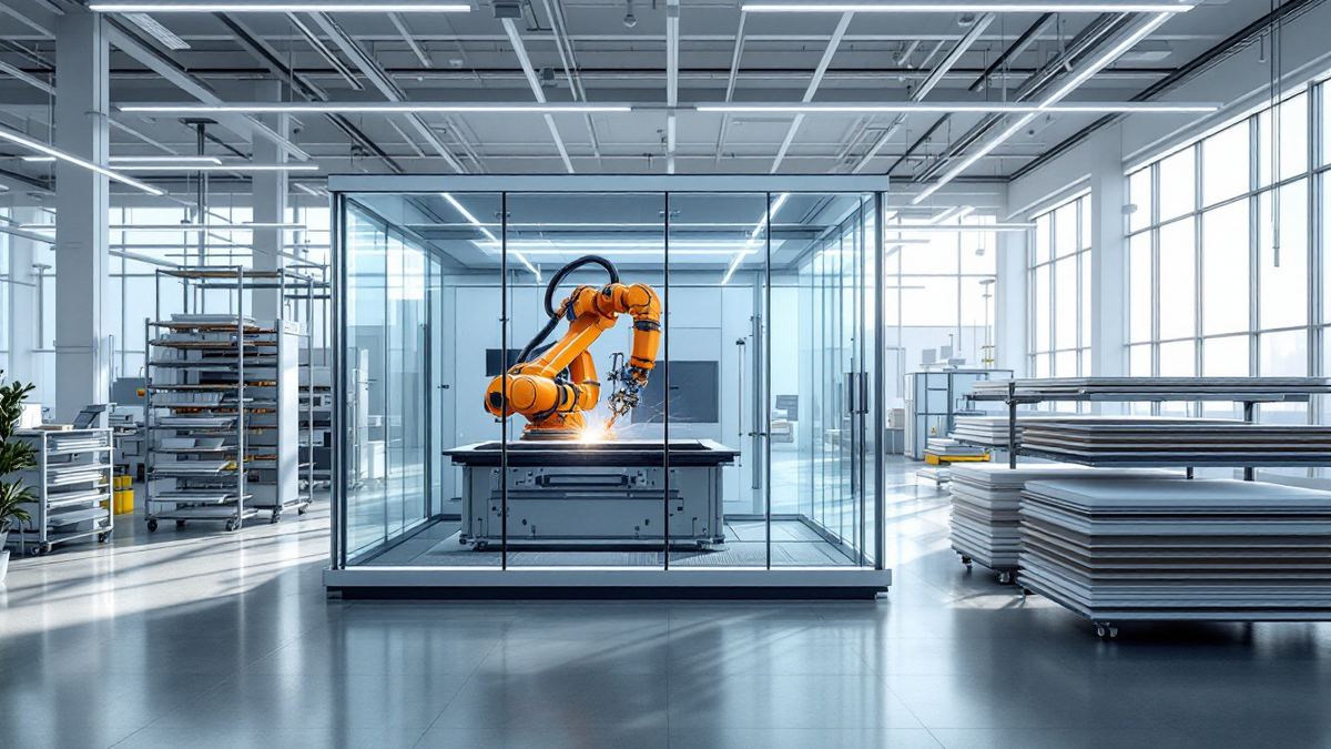 An orange robotic welding arm inside a glass work cell in a bright advanced manufacturing centre