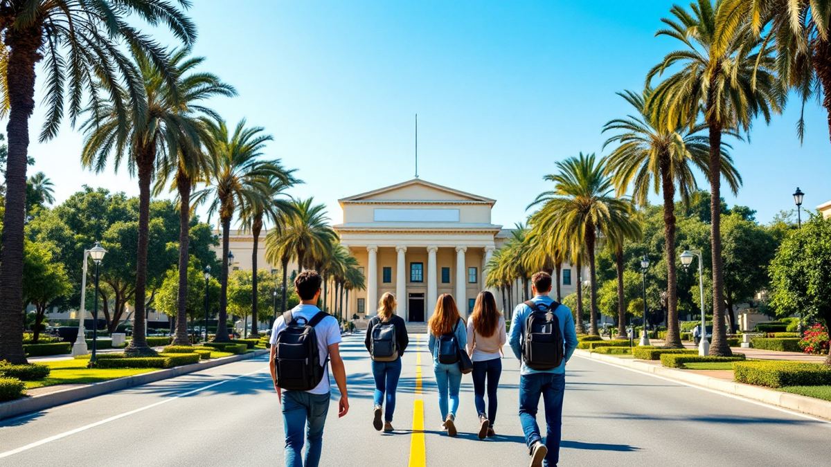 Young job applicants seen from behind walking down a palm-lined avenue toward a cream colonnaded government building