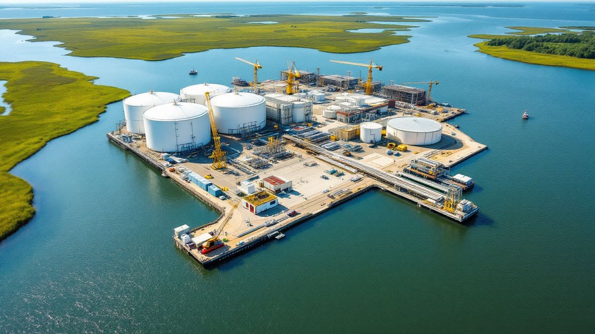 Aerial view of an LNG export terminal with white storage tanks and a jetty on a Louisiana waterway