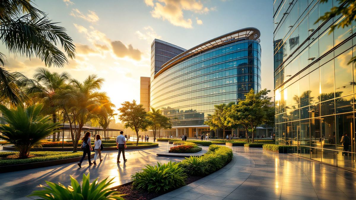 A glass technology campus in Bengaluru at golden hour with professionals walking far away