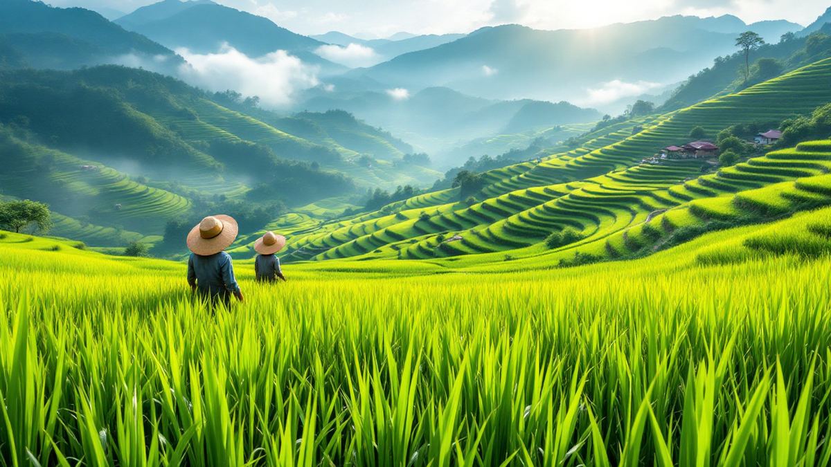 Green terraced rice paddies in the Philippine highlands with two farmers in wide hats far away