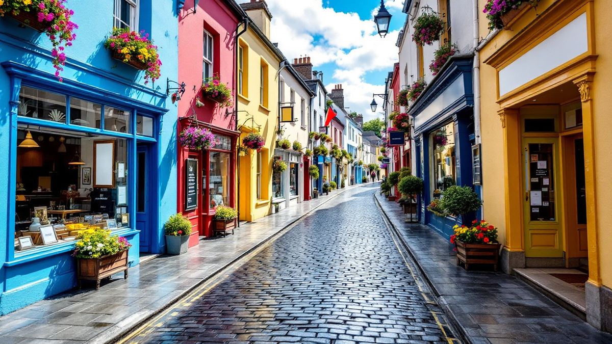A colourful Irish town main street with painted shopfronts and flower baskets on a sunny morning