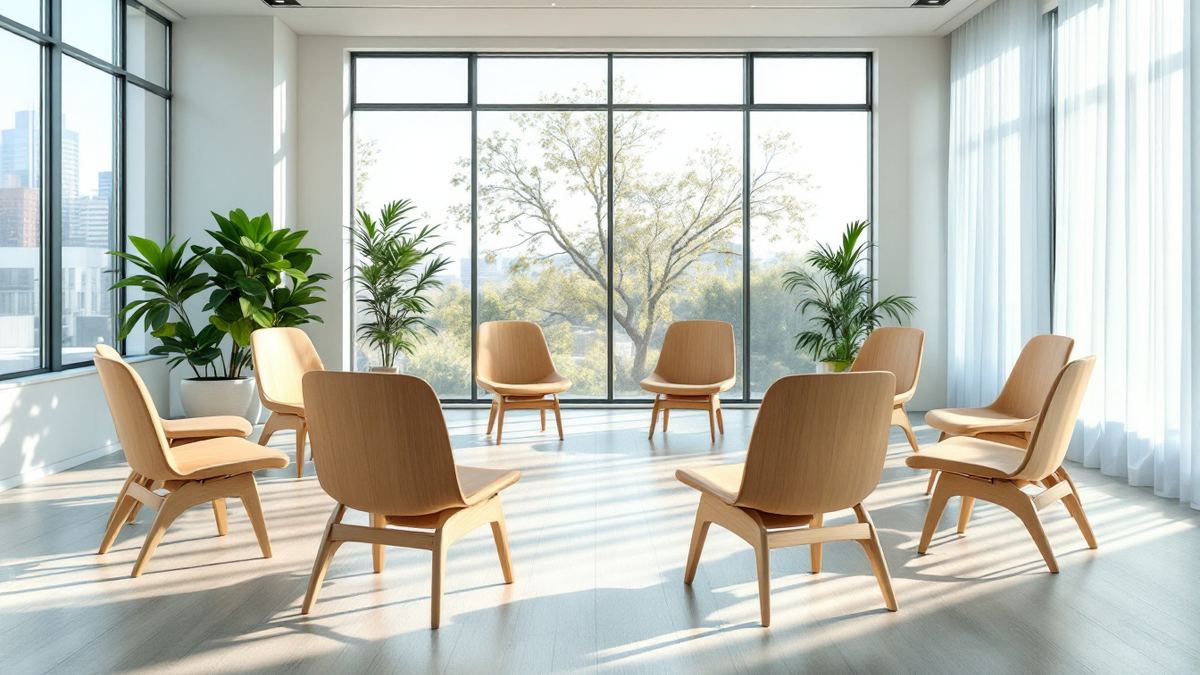 An empty bright meeting room with a ring of light wood chairs and large windows