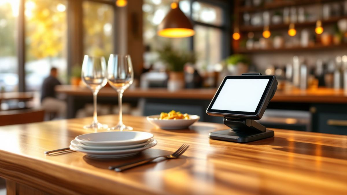 A polished wooden restaurant bar counter with plates, wine glasses and a card payment terminal