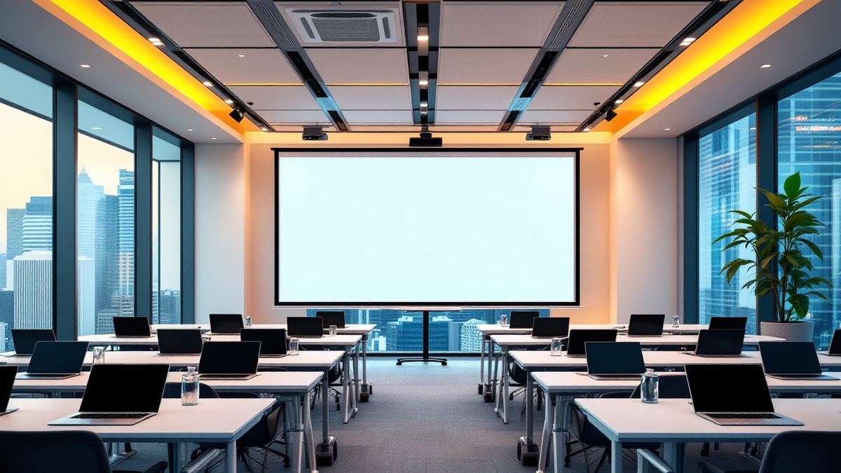 A modern training room with rows of desks and laptops overlooking the Singapore skyline