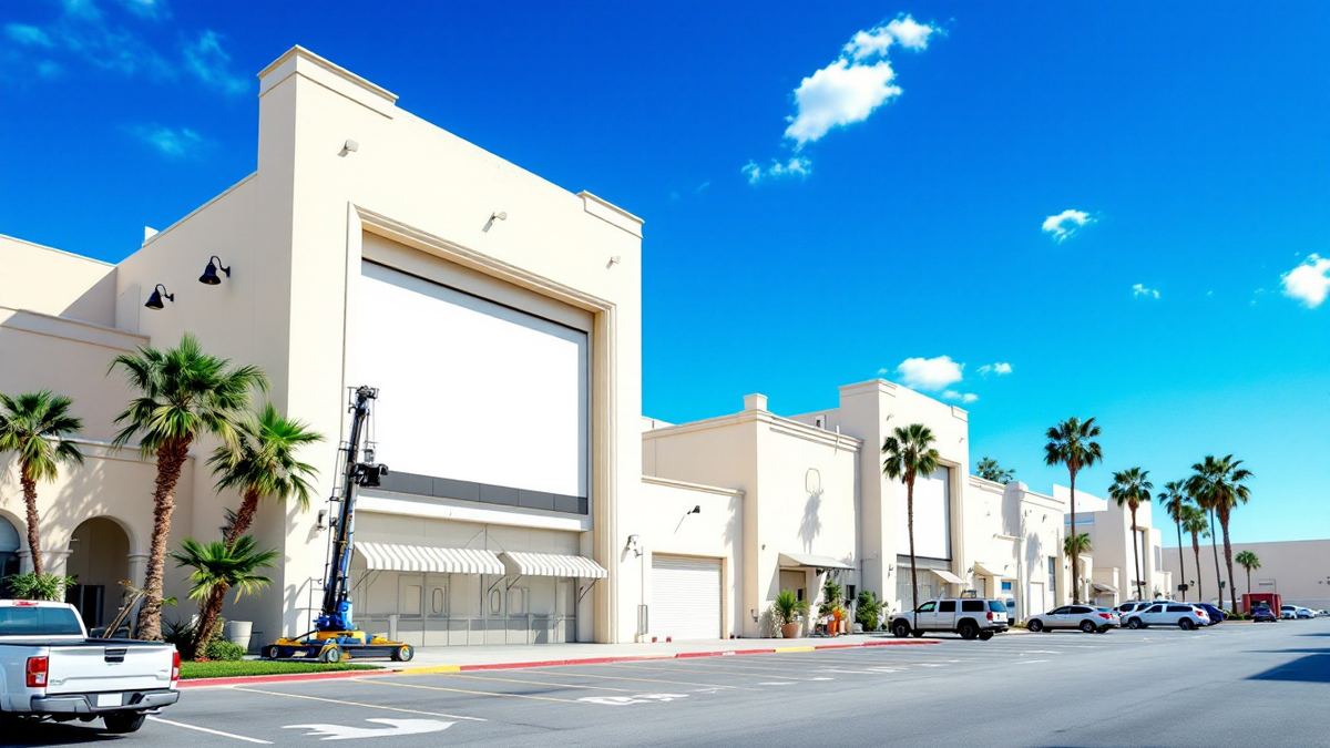 An empty film studio backlot with cream sound stages, a camera crane and palm trees under a blue sky