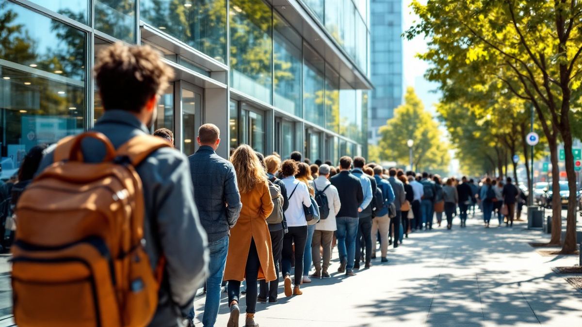 A long queue of job seekers seen from behind waiting outside a glass building on a sunny morning