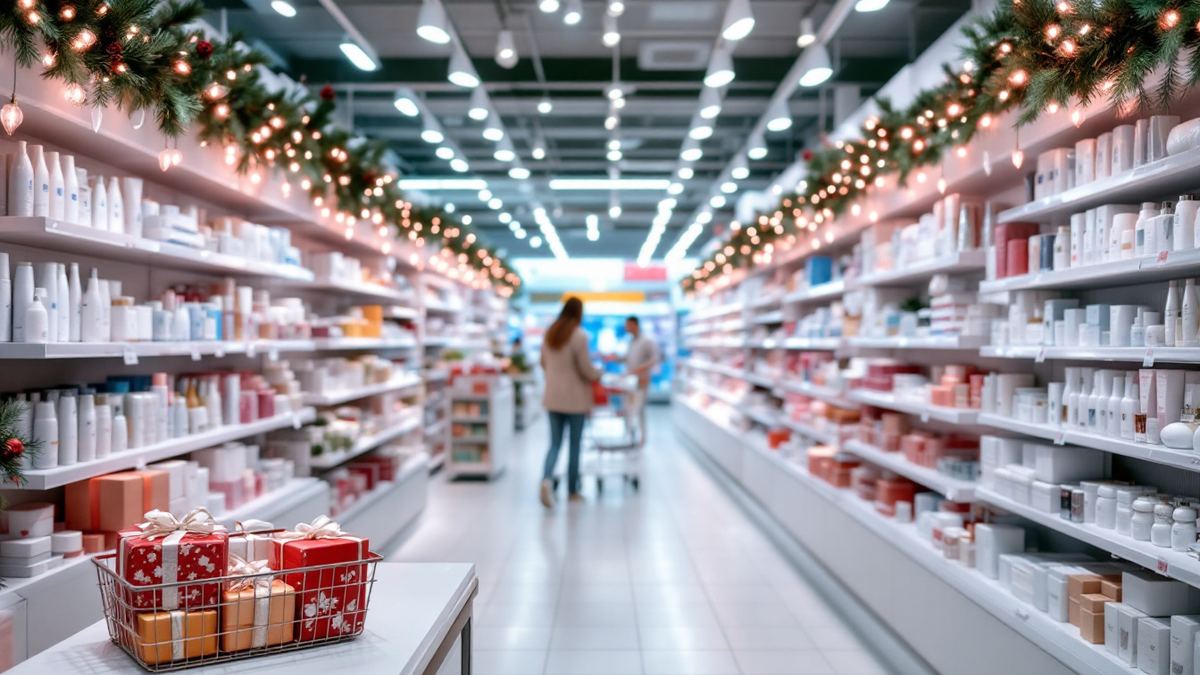A bright health and beauty shop aisle decorated for Christmas with gift sets on the shelves and shoppers far away
