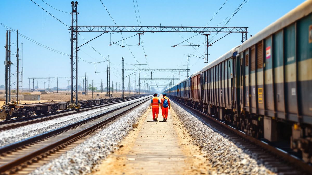 A long goods train on an Indian Railways freight line with two railway staff in orange vests walking beside it