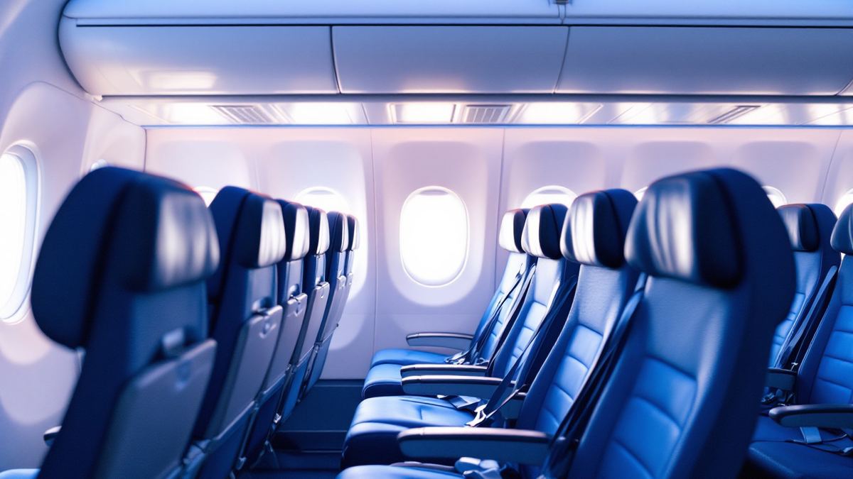 Rows of empty blue economy seats and oval windows in a bright airliner cabin training mock-up