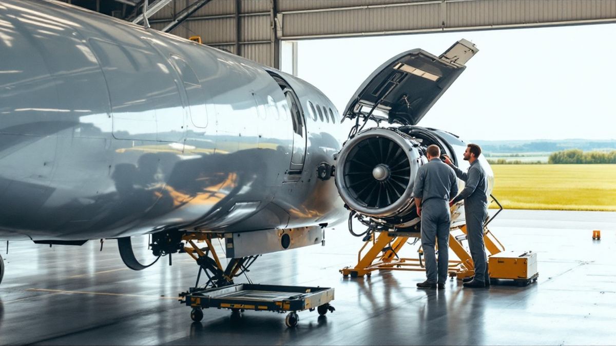 Two aircraft mechanics in grey overalls inspecting an open jet engine inside a bright maintenance hangar