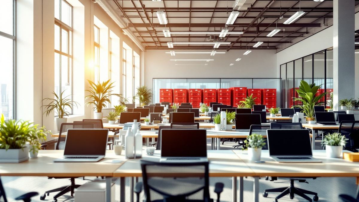 A bright open-plan support office with rows of empty desks, closed laptops and red parcel cages at the far end