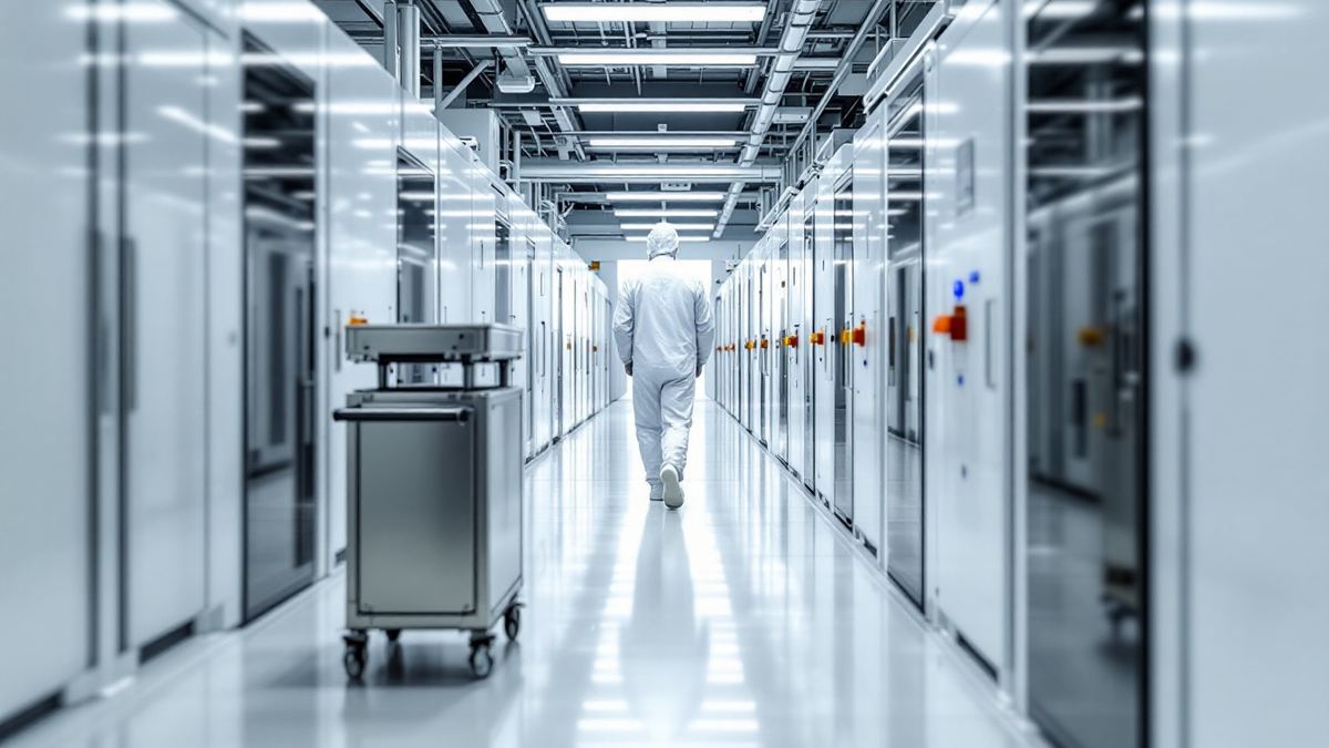 A bright semiconductor cleanroom corridor with white processing machines and a technician seen from behind
