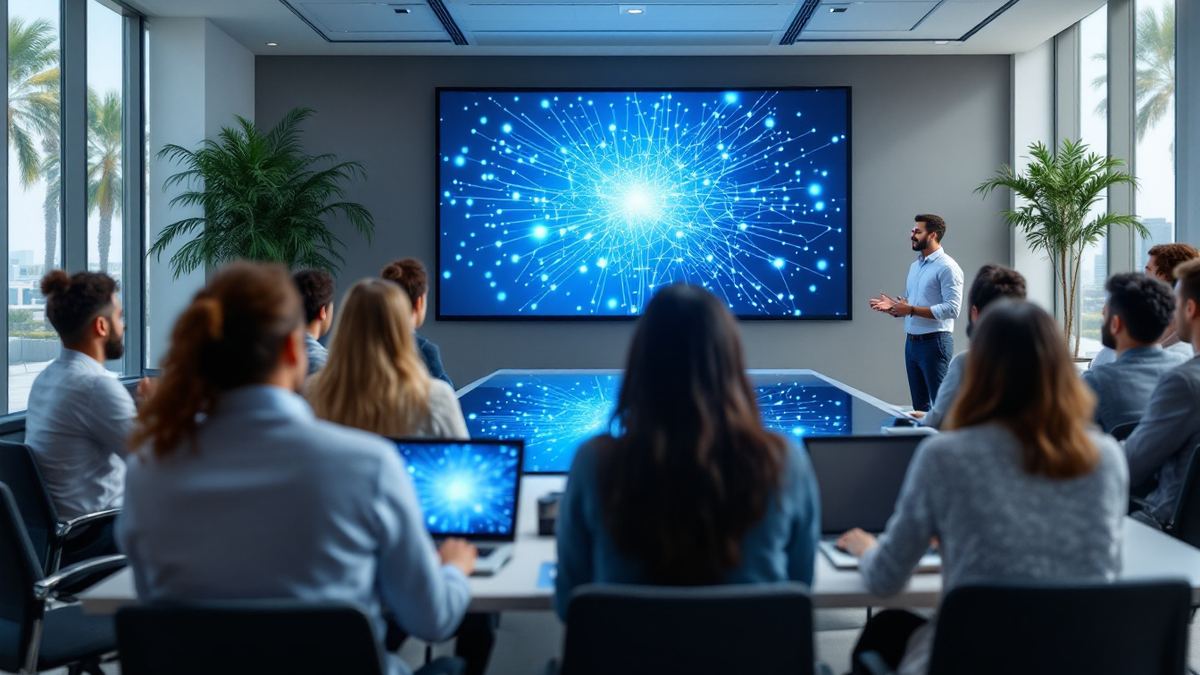 Employees in casual clothes at laptops in an AI training session, facing a screen with a glowing network graphic