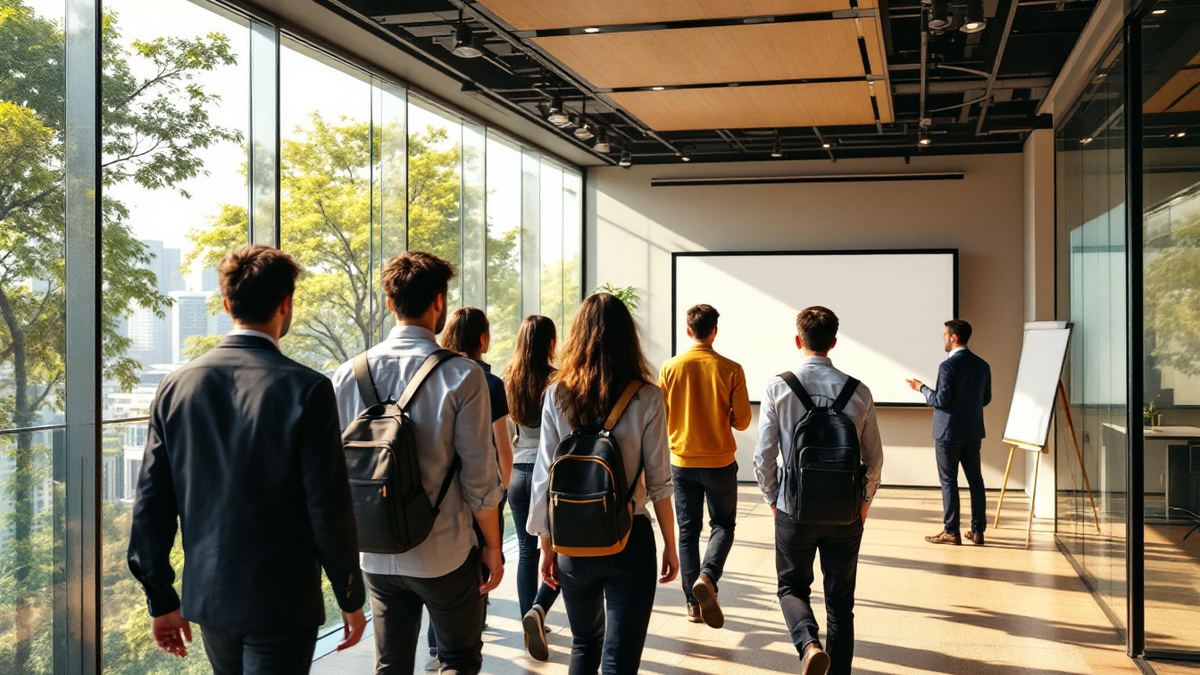 Young graduate trainees seen from behind walking into a sunlit bank training room with a trainer at the far end