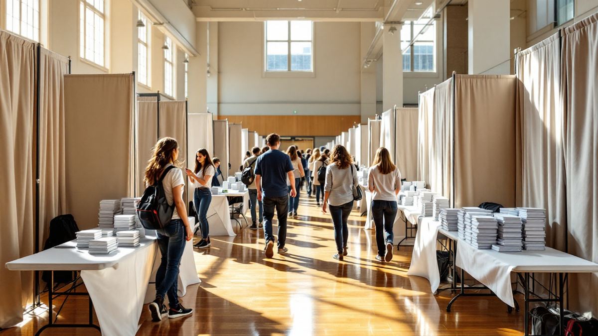 Young job seekers seen from behind walking between recruiter booths at a bright university career fair