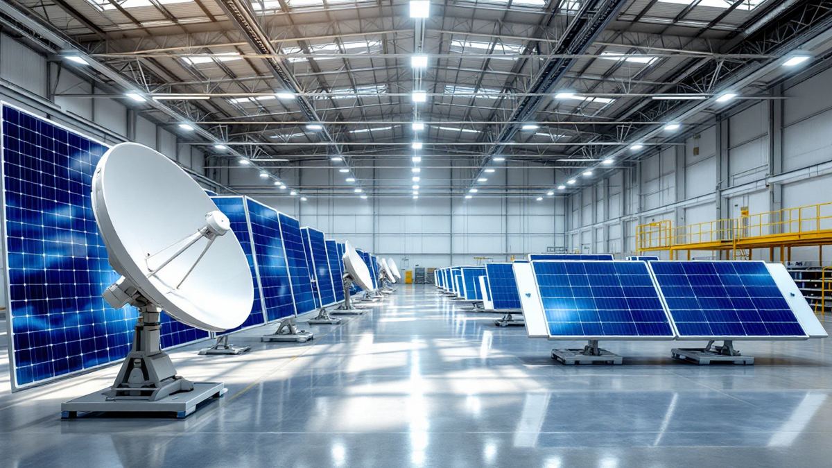 Blue solar array panels and a dish antenna on assembly fixtures inside a bright satellite hardware hall